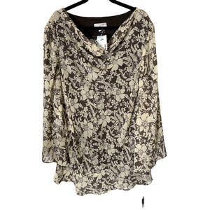 Lady Dorby Blouse Brown Beige Floral Cowl Neck Long Sleeve Size 26W New with Tag
